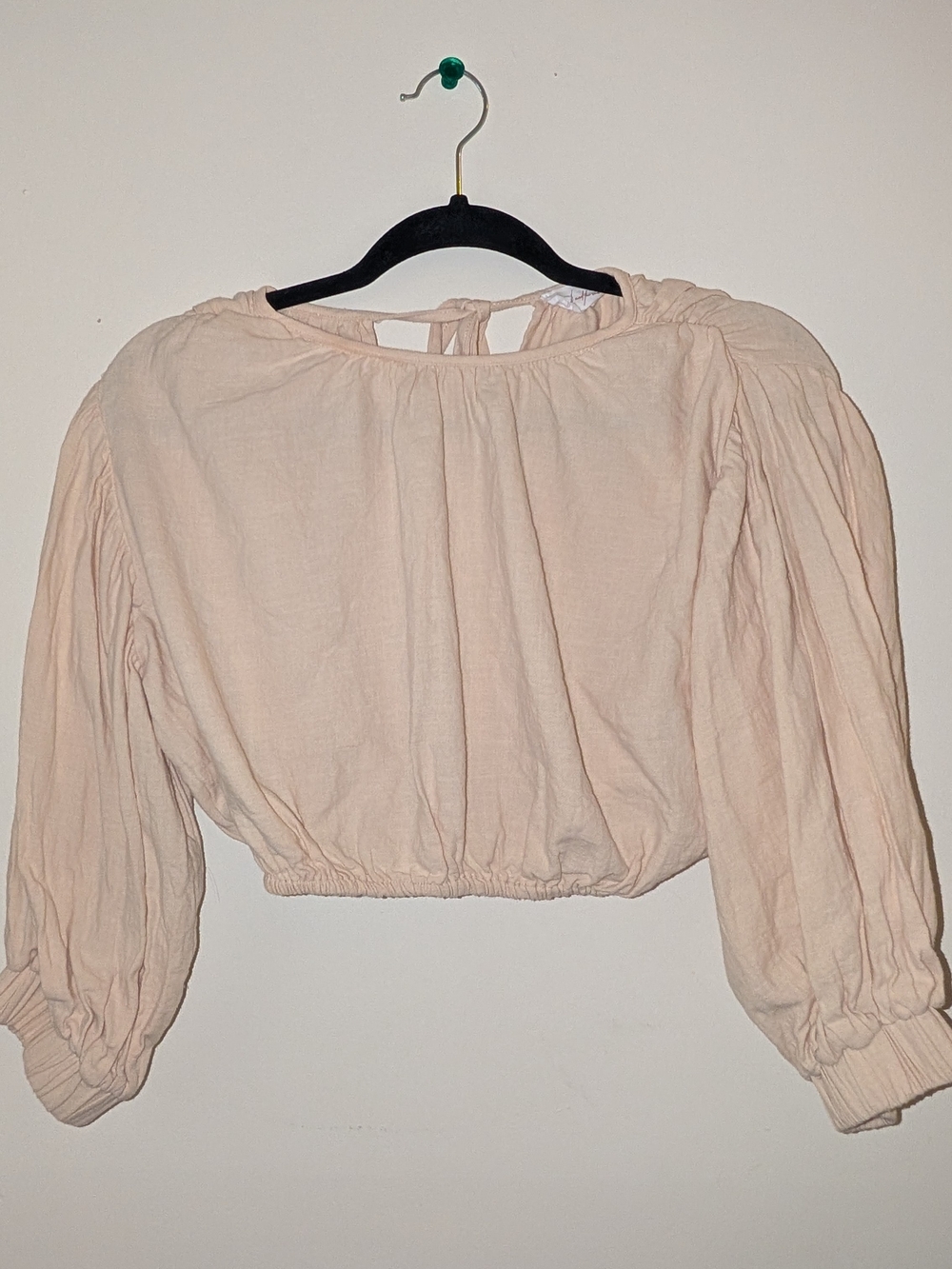Cream Tie-Back Cropped Peasant Top Size Xs, Cotton And Linen Blend